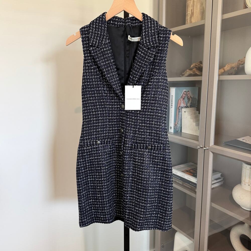 Alessandra Rich Tweed Mini Dress NEW Sequin Checked Dark Navy Sleeveless NWT 40 - Picture 2 of 7